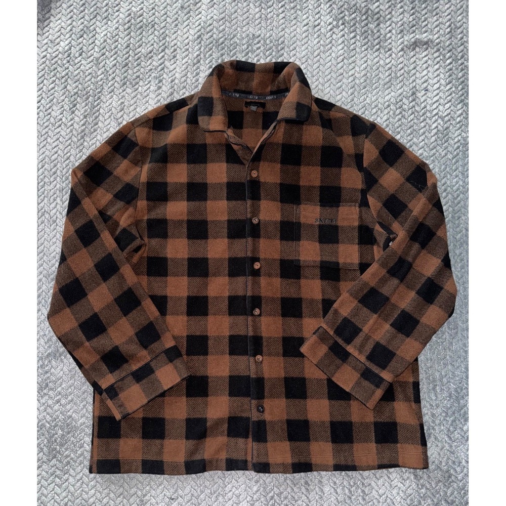 SKIMS Women's Fleece Brown Flannel Sleep Pajama Top Jasper Plaid Check Sz M